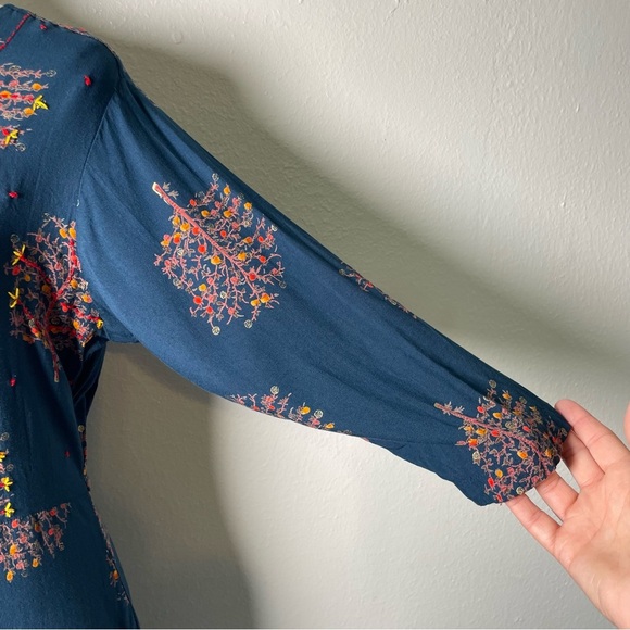 Chic and Flowy Full Length Maxi Dress Embroidered Jewel Tone Teal Blue Size XL - Picture 11 of 13